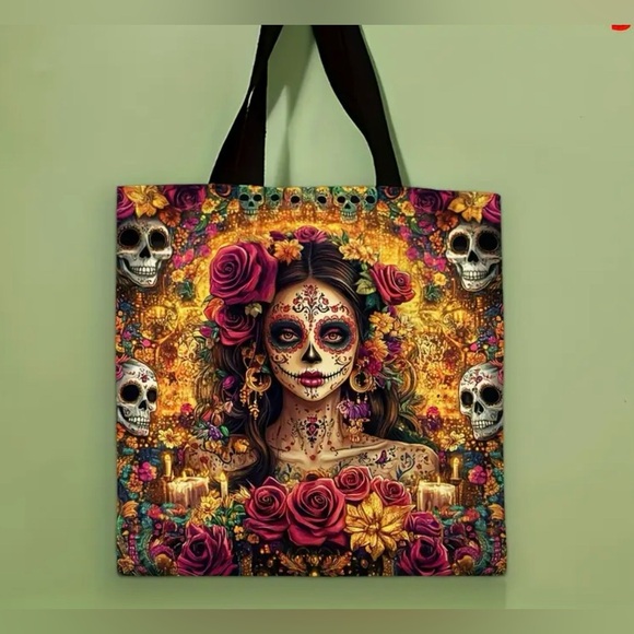 Day of the Dead Skull Girl Floral Print Reusable Shoulder Tote Bag New - Picture 1 of 5